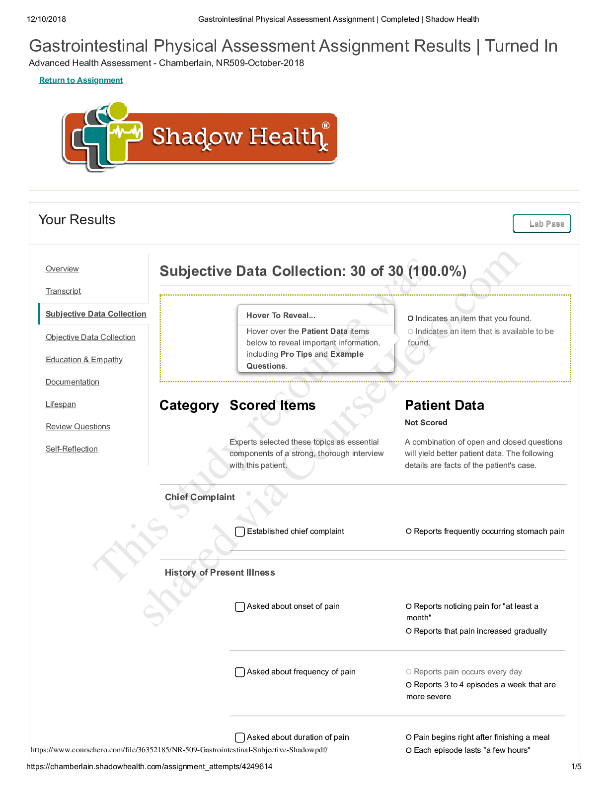 Preview image of NR 509 Week 5 Shadow Health Gastrointestinal Physical Assessment Assignment Completed Transcript. document
